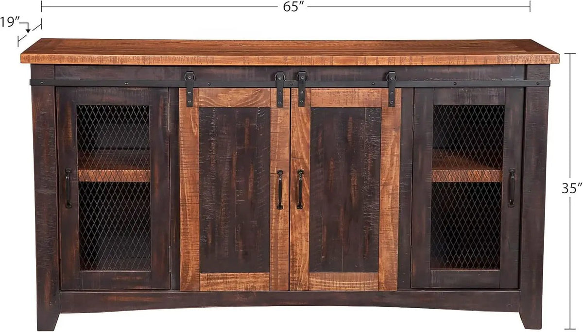 65 Inch Solid Wood TV Stand Antique Black Distressed Pine