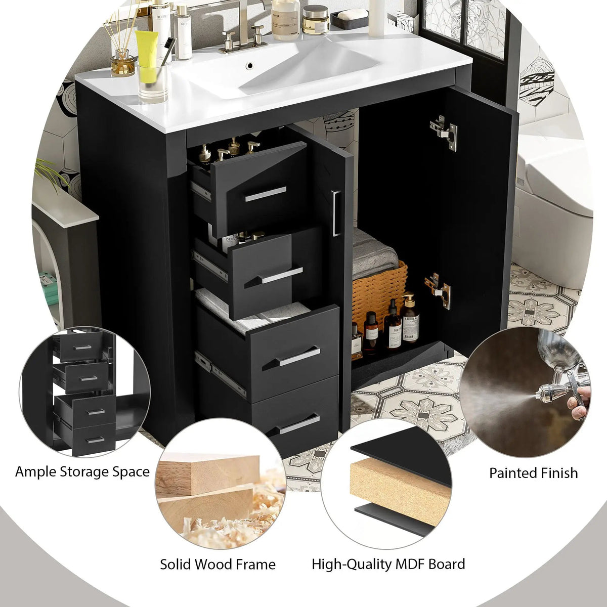 36 Inch Bathroom Vanity | Ceramic Sink Combo | 3 Drawers | Soft Closing Doors