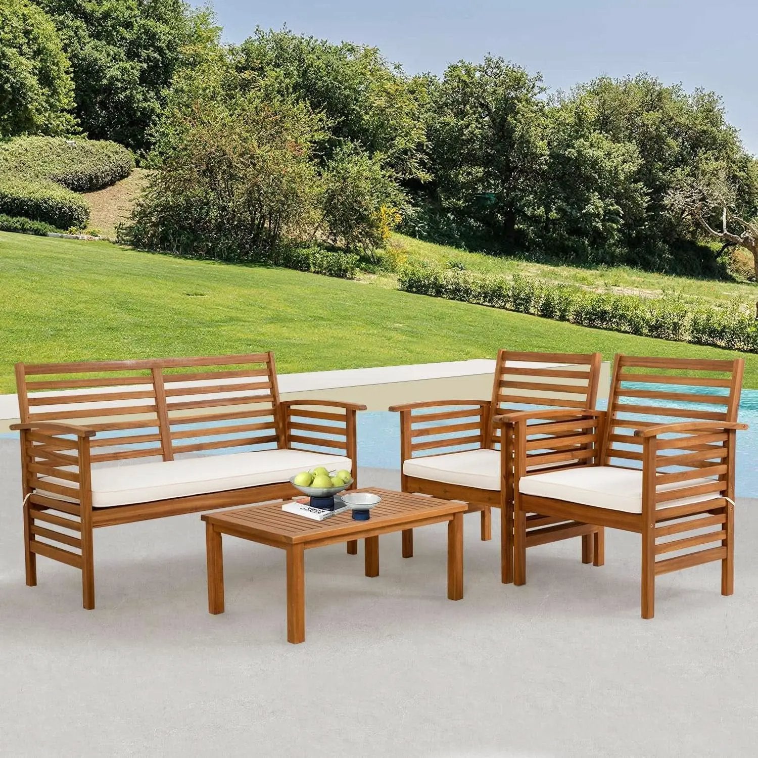 Outdoor Wood Sofa Set Natural Acacia With Thick Cushions from PriceLows™