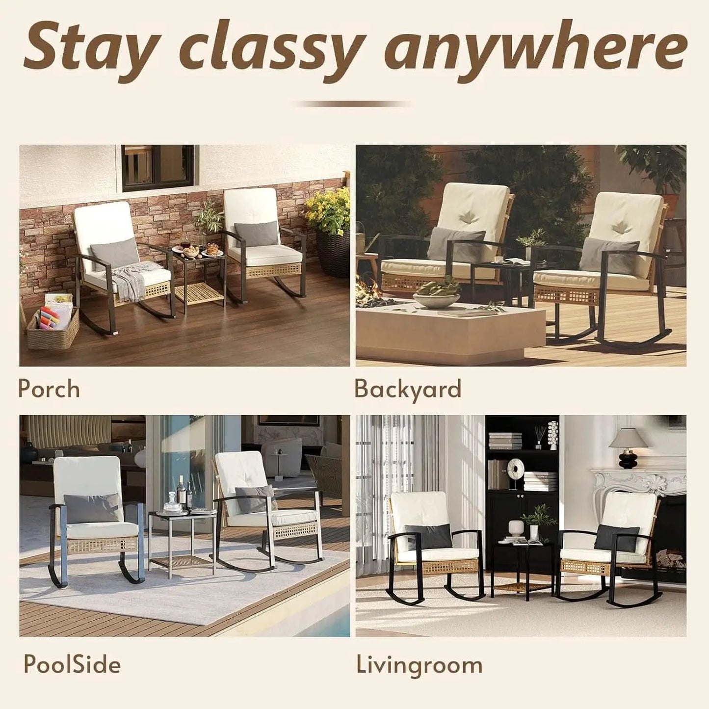 Beige Patio Rocking Chairs Set With Glass Coffee Table from PriceLows™