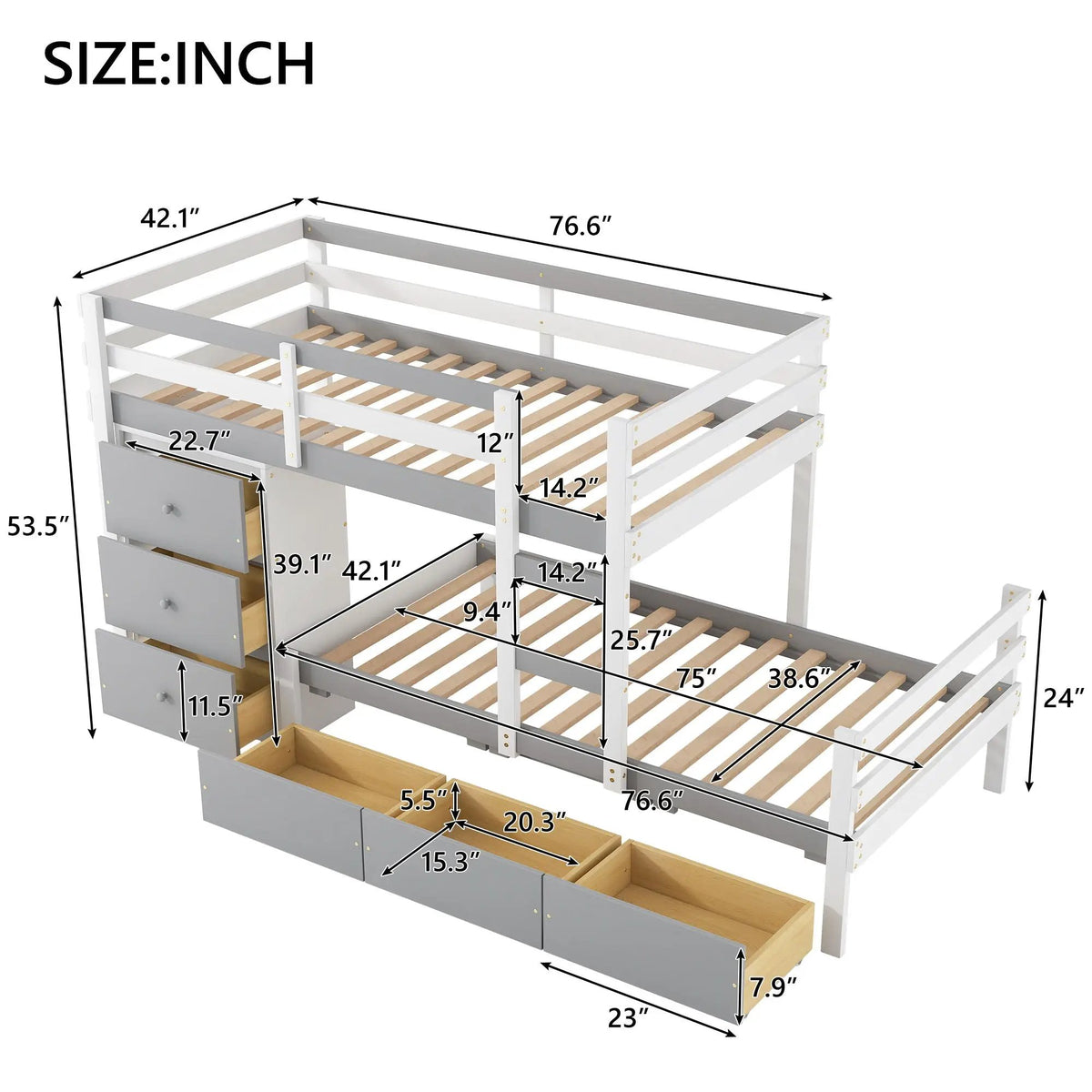 Solid Pine Loft Bed | Six Rolling Drawers | Ladder Included