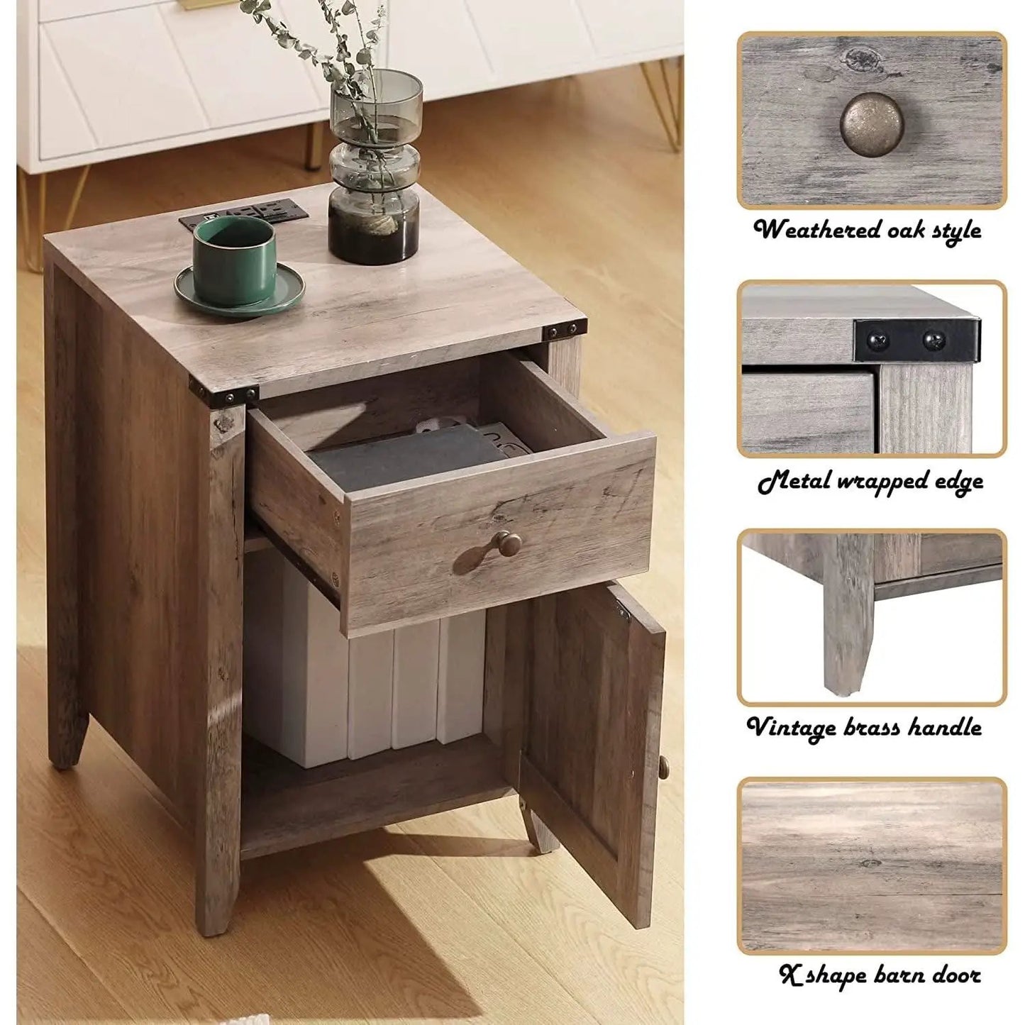 Barnwood Rustic Nightstand With X Shaped Barn Doors Grey from PriceLows™
