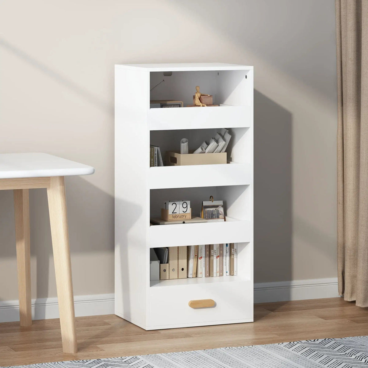 4 Tier Freestanding Bookshelf With 3 Sliding Drawers And 1 Bottom Drawer - Bookcase | 18.9 x 14.96 x 42.13 in | Engineered Wood | White