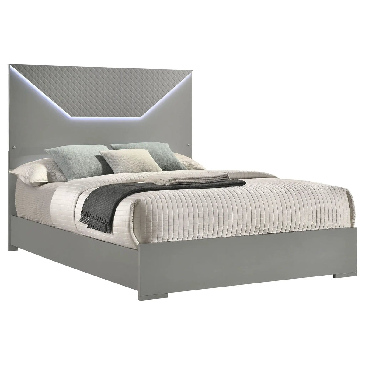 Ives Queen Panel Bed LED Headboard Grey High Gloss | 63.5 x 83.5 x 56.75 in | Bedroom Furniture | Bedroom
