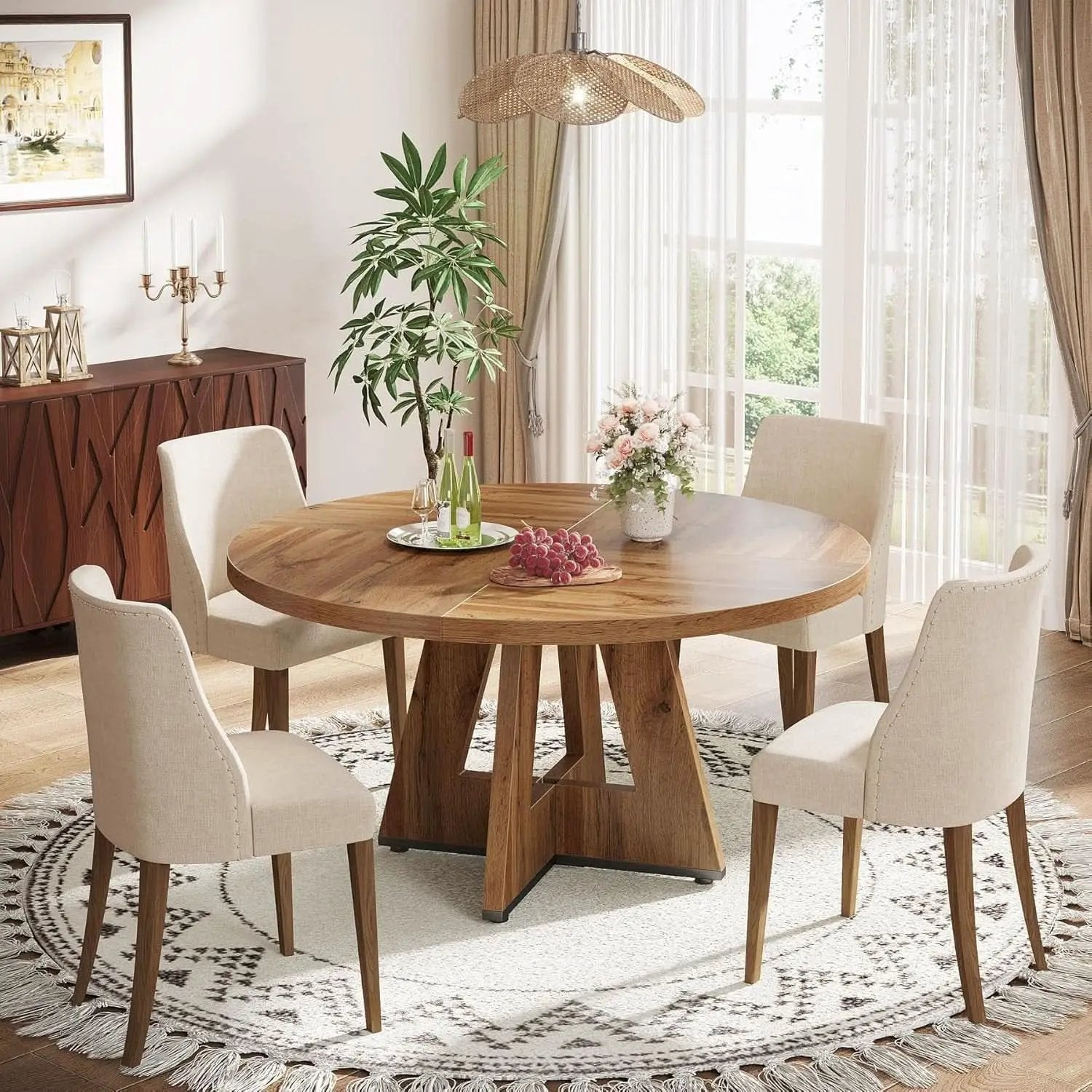 Round 47 Inch Farmhouse Dining Table For Four Kitchen Living Room Wood from PriceLows™