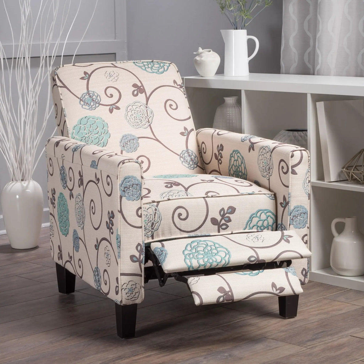 Push Back Upholstered Recliner Armchair | Extendable Footrest | Beech Wood Legs | 3 Reclining Positions