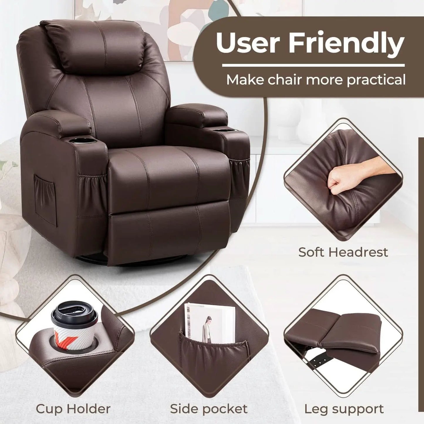 PU Leather Recliner Chair With Massage And Heat Brown from PriceLows™