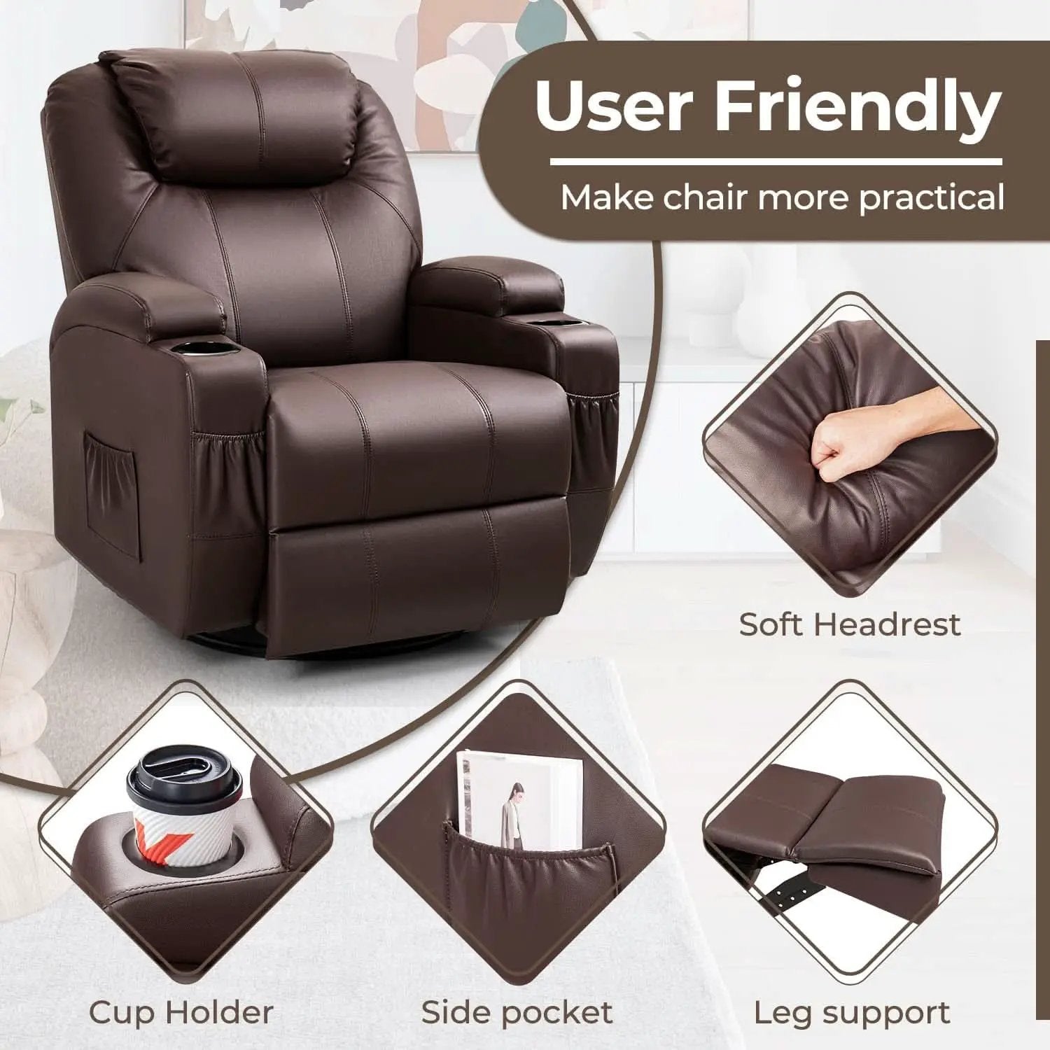 PU Leather Recliner Chair With Massage And Heat Brown from PriceLows™