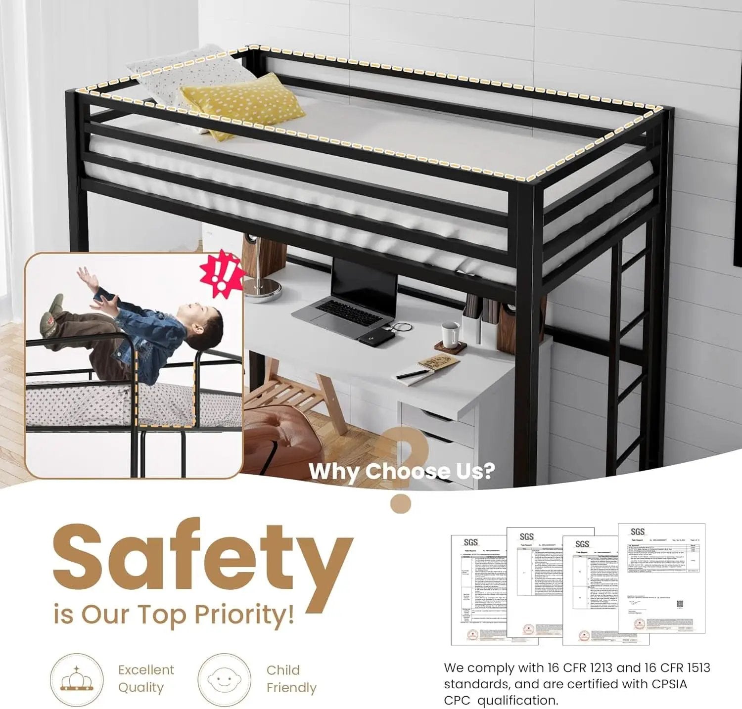 Loft Bed Twin Size Black With Ladder And Guardrail from PriceLows™