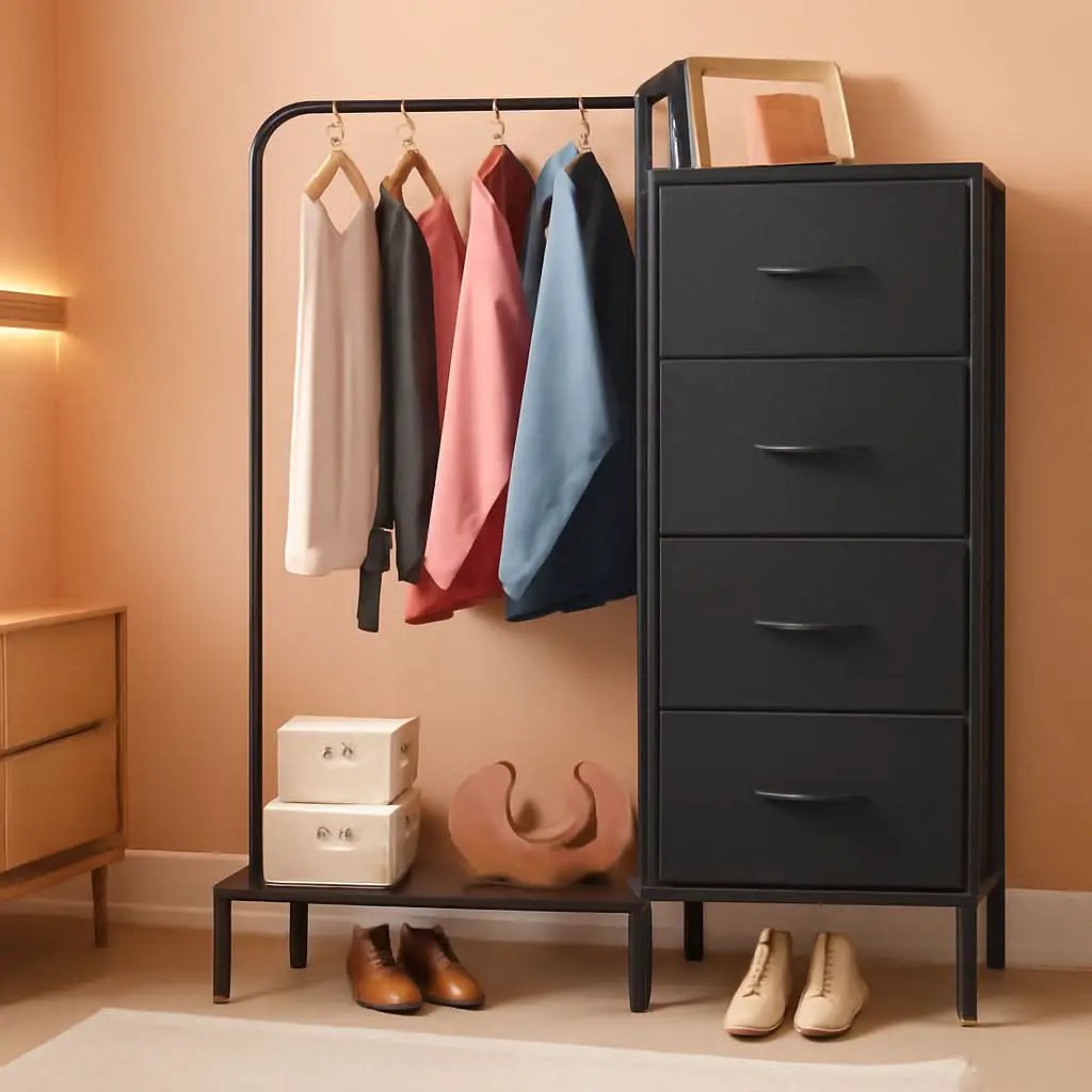 Dresser With Hanging Rack And 4 Drawers Black 44 Inch Tall from PriceLows™