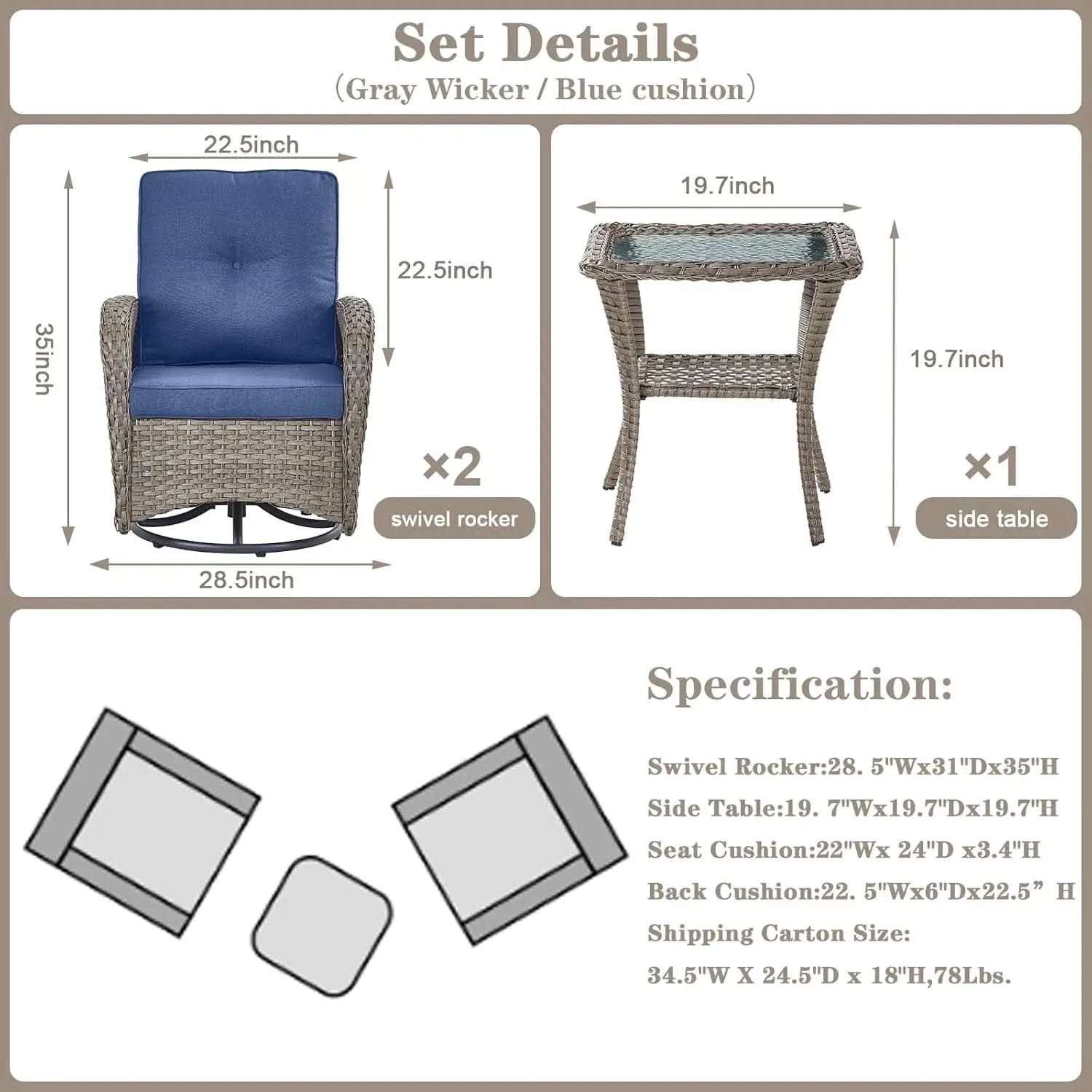Outdoor Natural Wicker Swivel Patio Chairs Set With Glass Top Side Table from PriceLows™