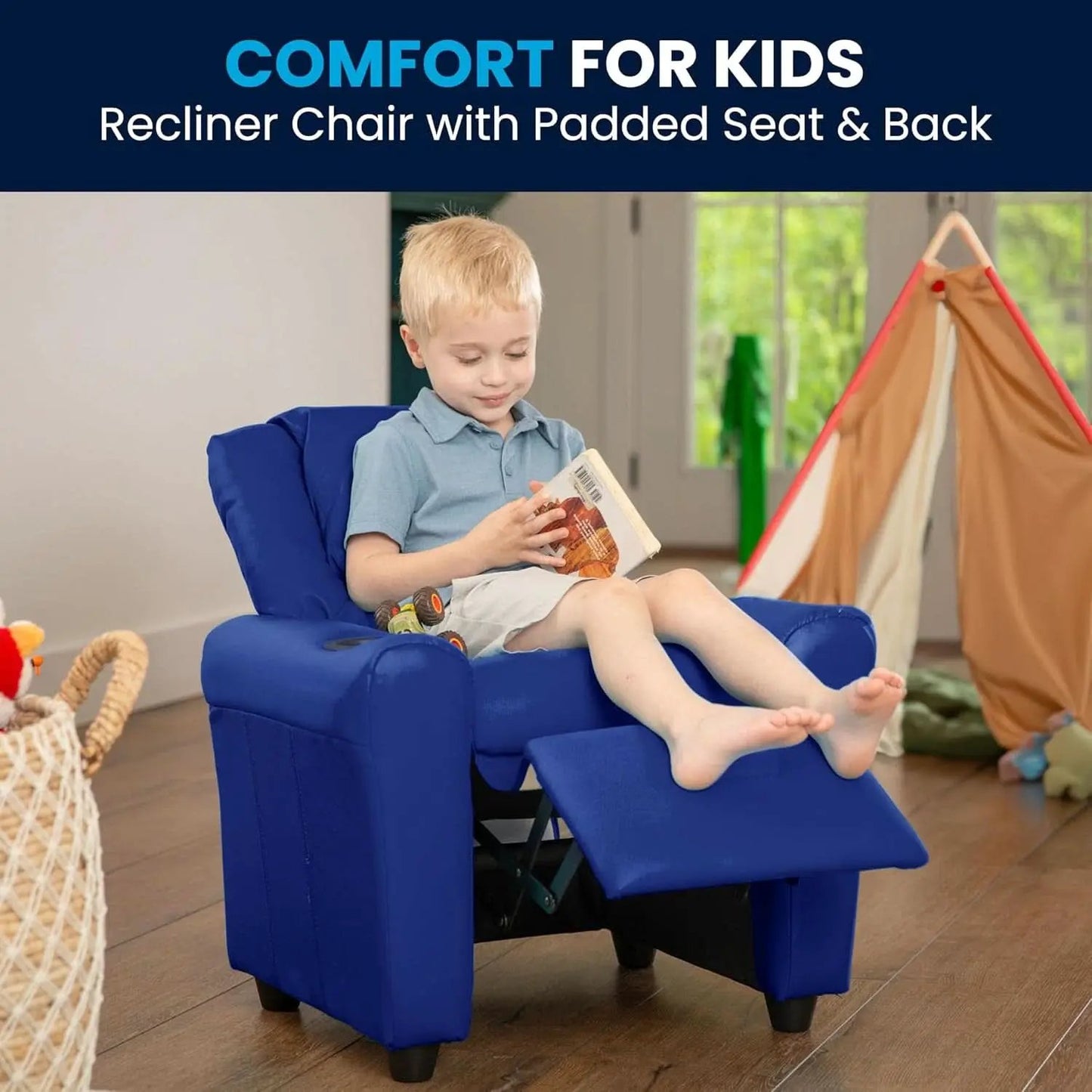 Vana Vinyl Kids Recliner Blue With Cup Holder And Headrest from PriceLows™