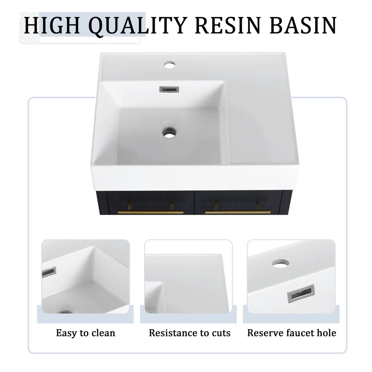 Modern Wall Mounted Bathroom Vanity With Thick Edge Resin Sink And Storage Rack | 3 Pieces | Stainless Steel & Plywood | Bathroom