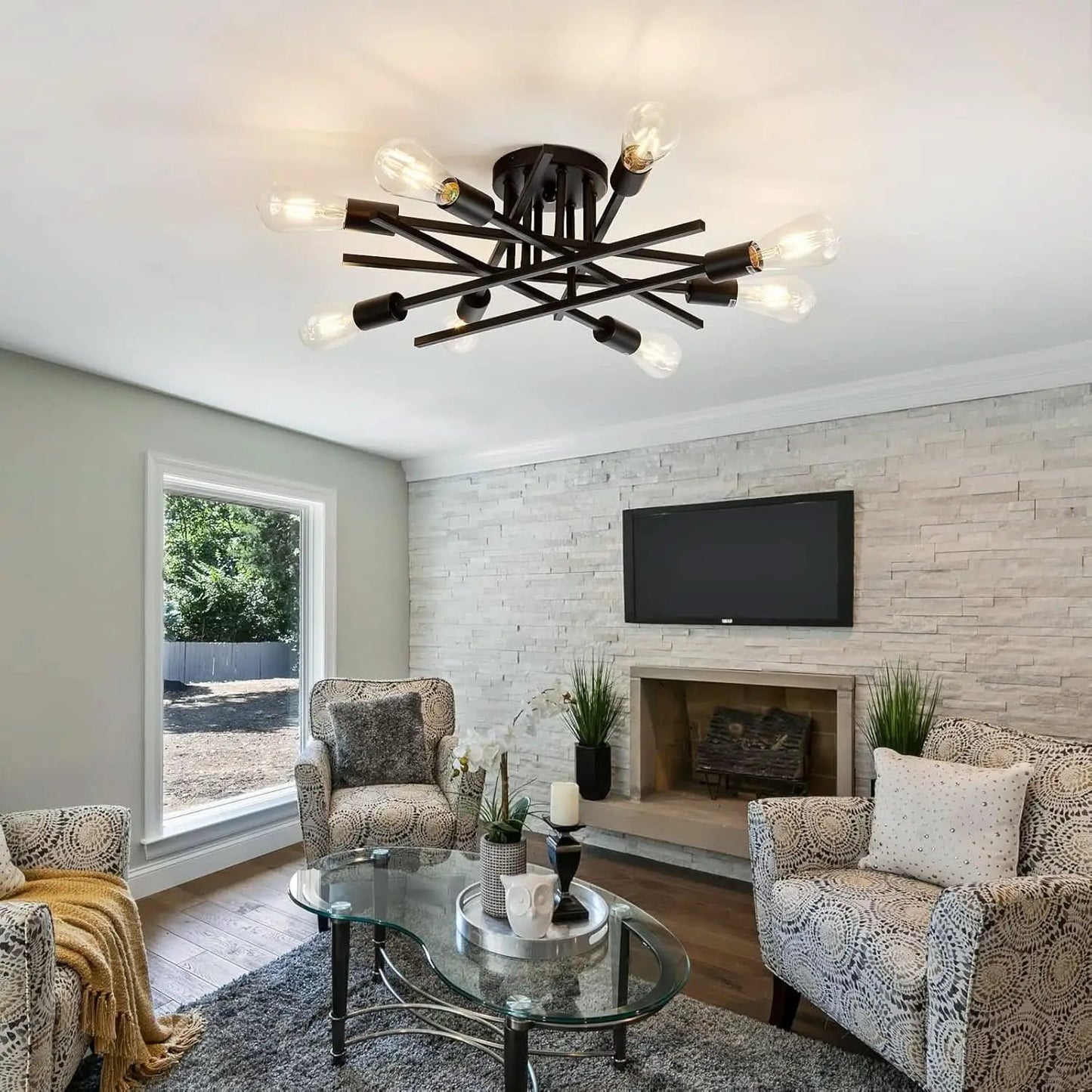 8 Light Matte Black Sputnik Chandelier Semi Flush Mount from PriceLows™