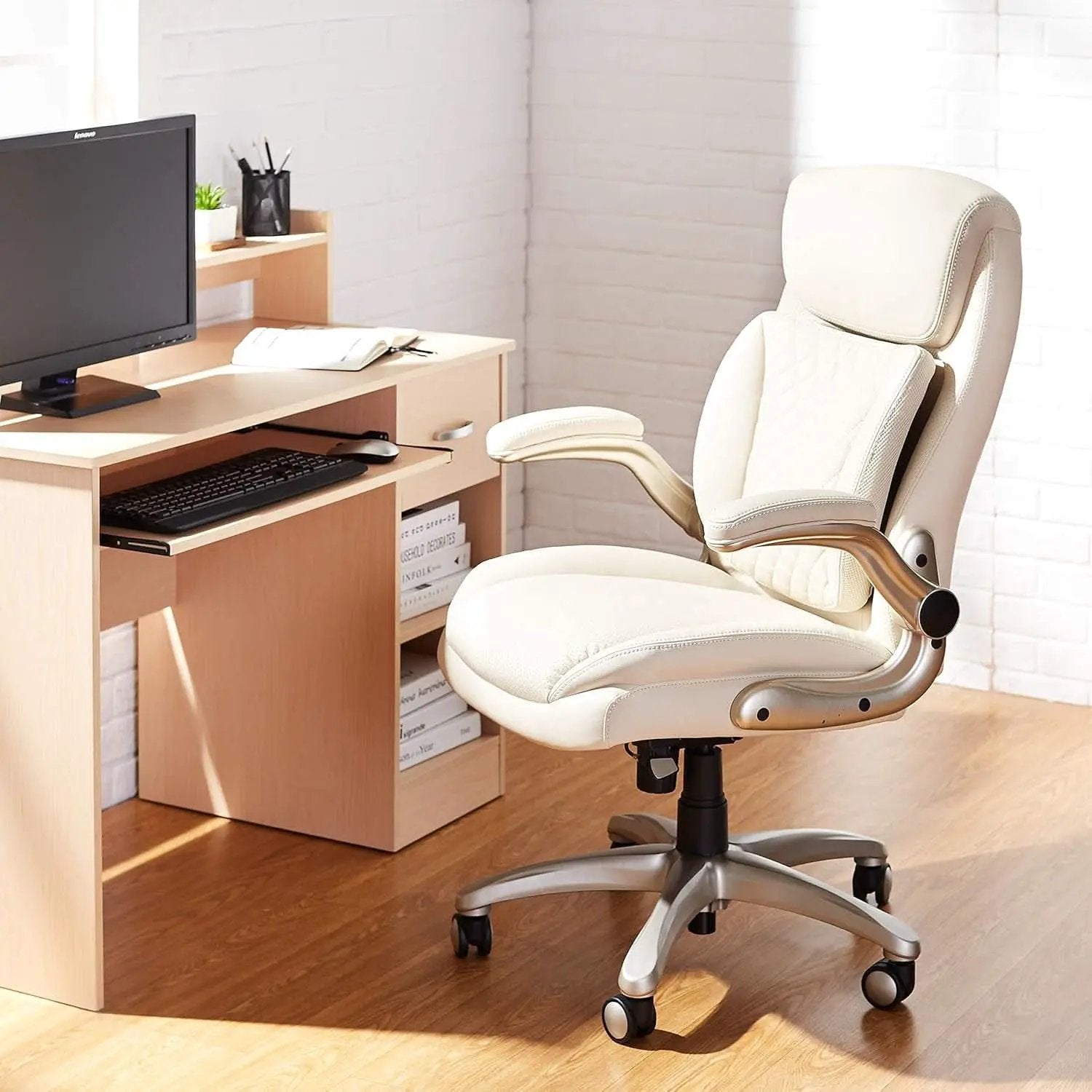 Cream Leather Ergonomic Office Chair With Flip Up Armrests from PriceLows™