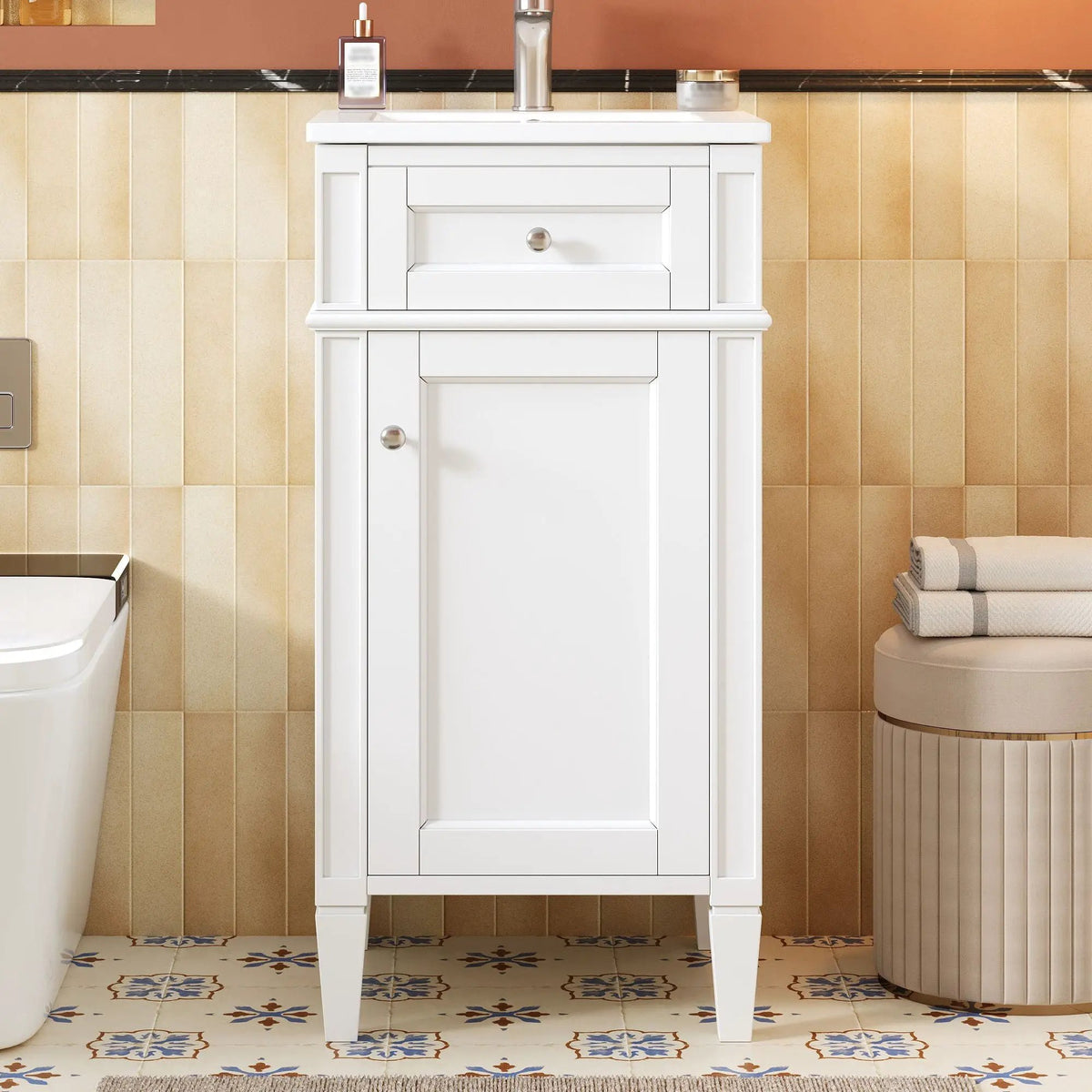French Style Bathroom Vanity | Integrated Ceramic Sink | Fluted Panels | Solid Wood Legs