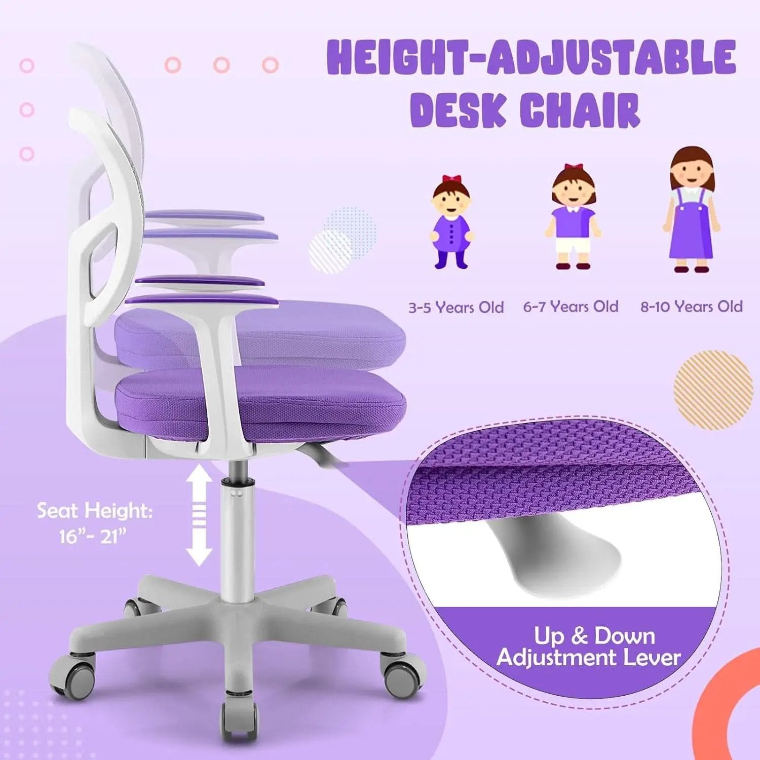 Kids Desk Chair Height Adjustable 16 To 21 Inches Violet from PriceLows™