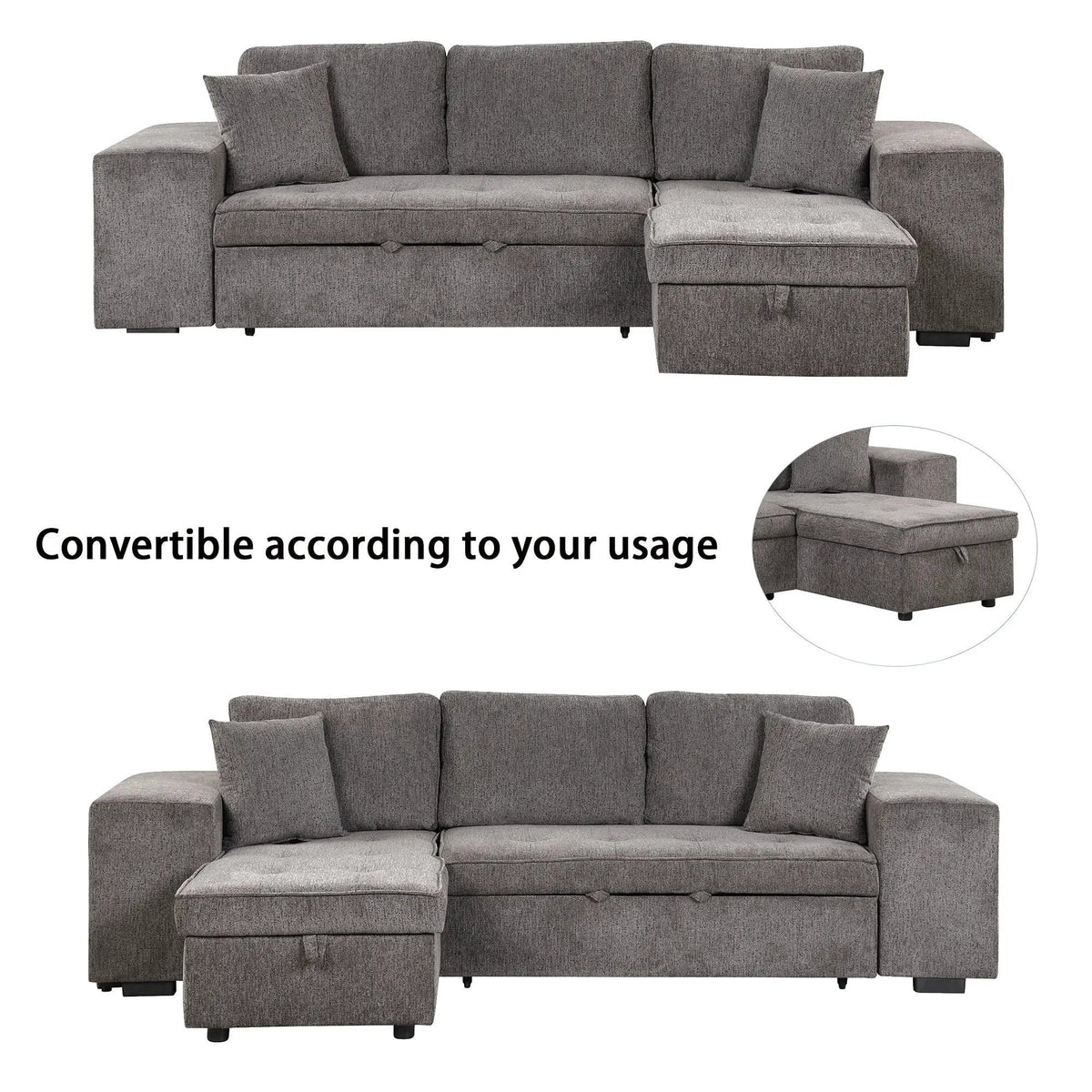 Modern L-Shape 3 Seat Reversible Sectional Couch, Pull Out Sleeper Sofa With Storage | 4 Pieces | Fabric | Living Room