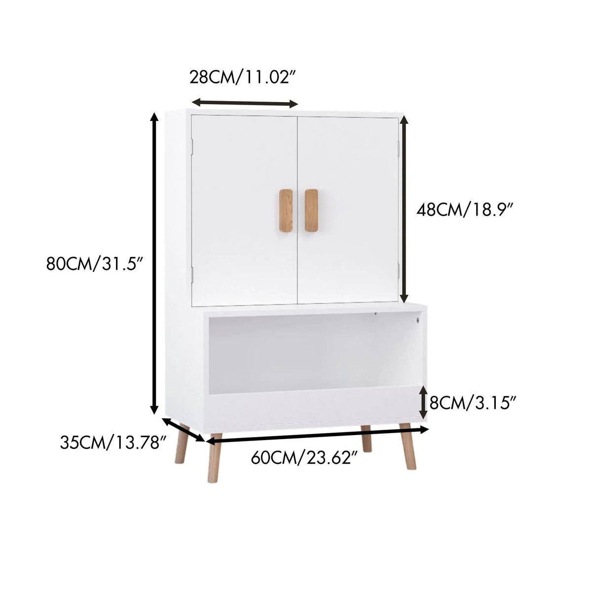 Toy Storage Cabinet With Doors And Open Shelf, Toddler Bookshelf For Playroom | 23.62 x 13.78 x 37.4 in | Solid Wood | White