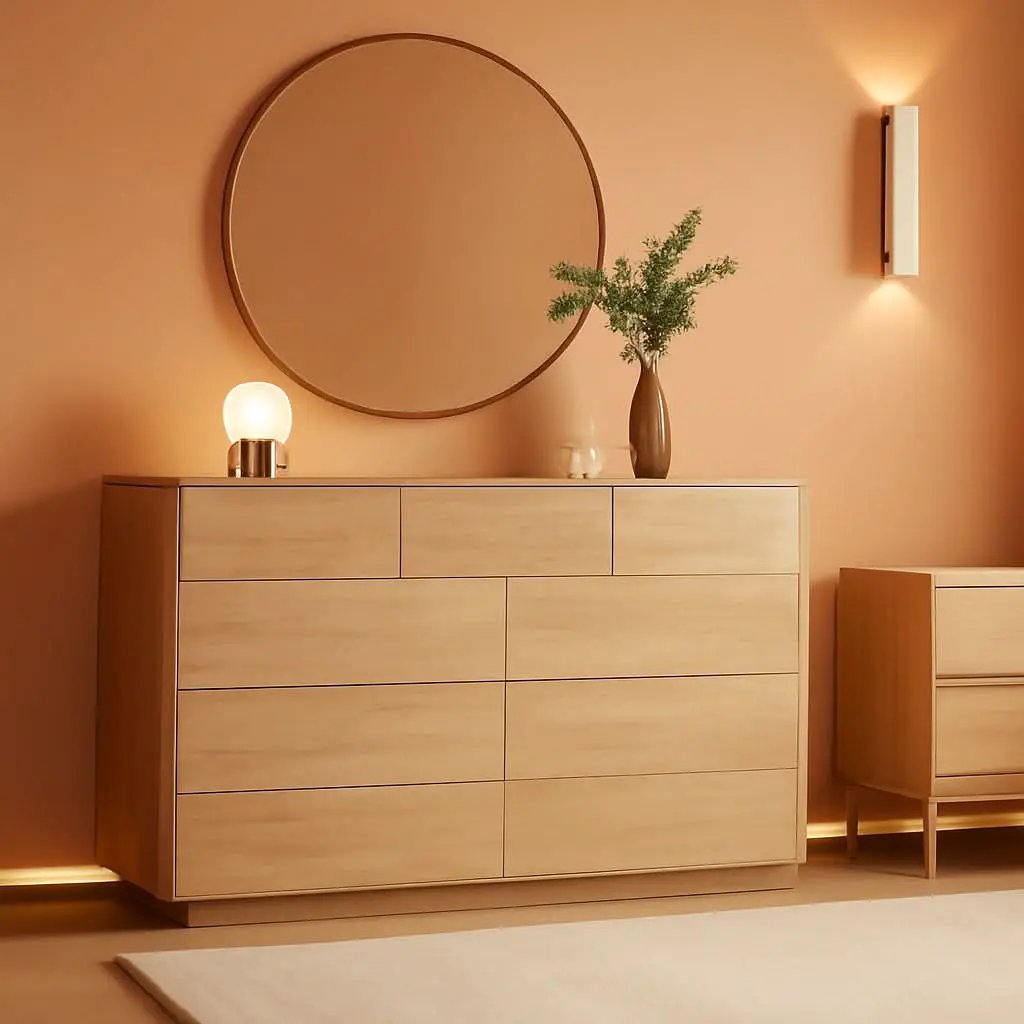 Contemporary 52 Inch Wide Nine Drawer Dresser Oak Finish from PriceLows™