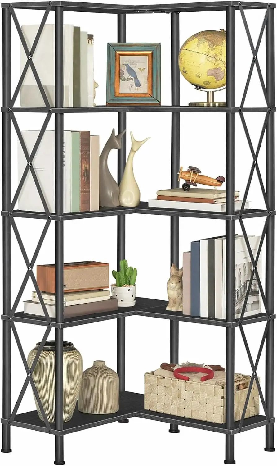 Corner Bookshelf 5 Tier L Shaped Industrial Open Display Shelf Black from PriceLows™