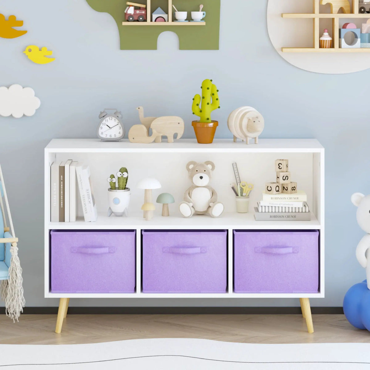 Bookcase With Collapsible Drawers | Three Fabric Drawers | Tip-Over Restraint | Book Display Organizer
