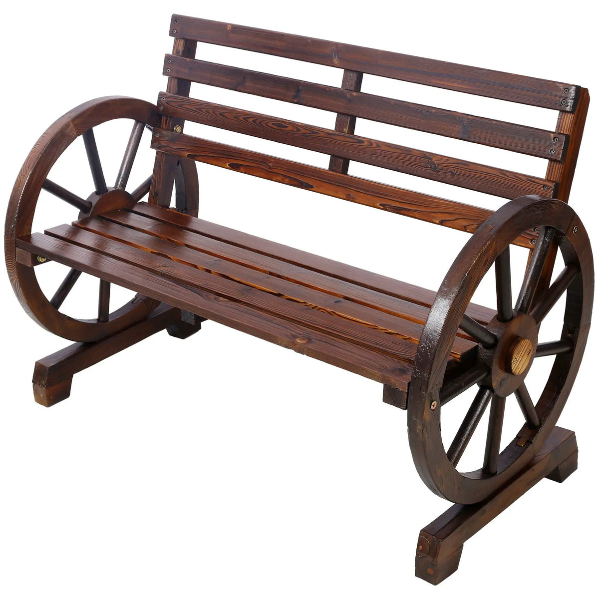 Outdoor Wagon Wheel Bench | Solid Fir Wood | 2 Person | Dark Brown