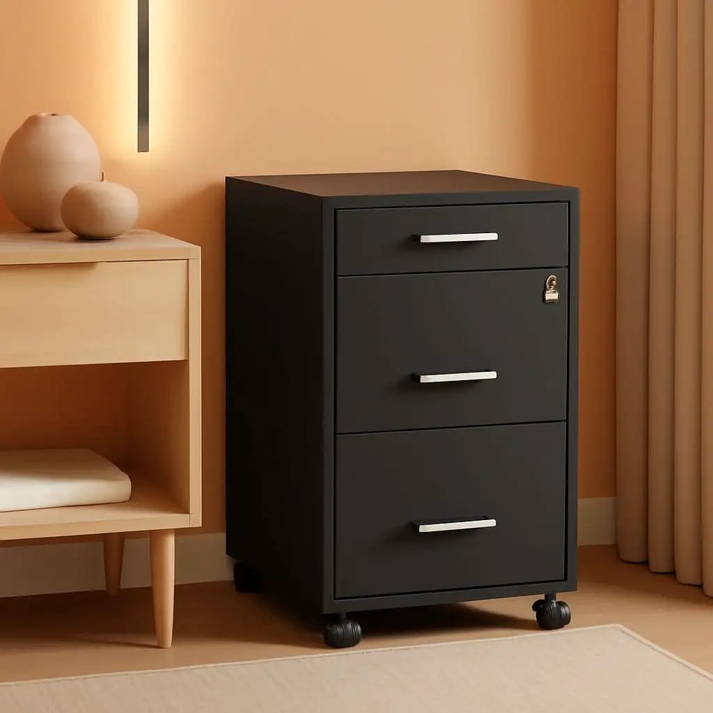 Black 3 Drawer Mobile File Cabinet With Locking Top Drawers from PriceLows™