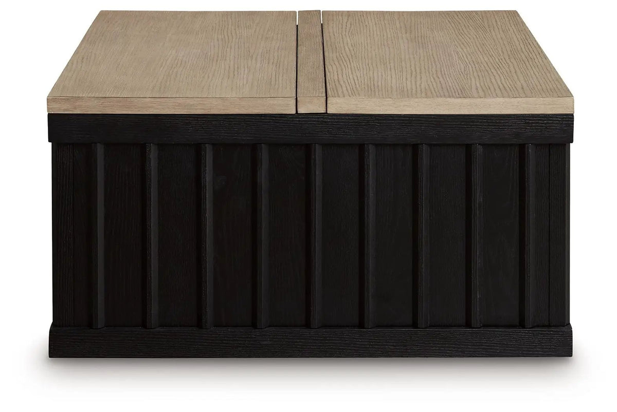 Rylandyn Lift Top Cocktail Table | Black And Light Brown | 36 Inch Square | Door Storage