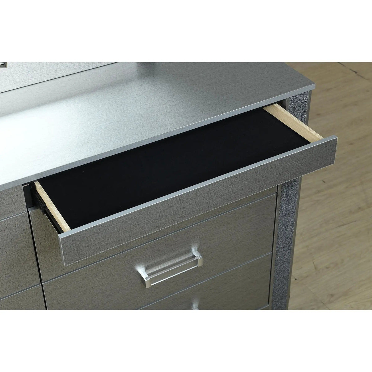Lorenzo Dresser With Hidden Jewelry Compartment And Bar Handles In | 62.01 x 15.75 x 37.01 in | Acrylic | Silver