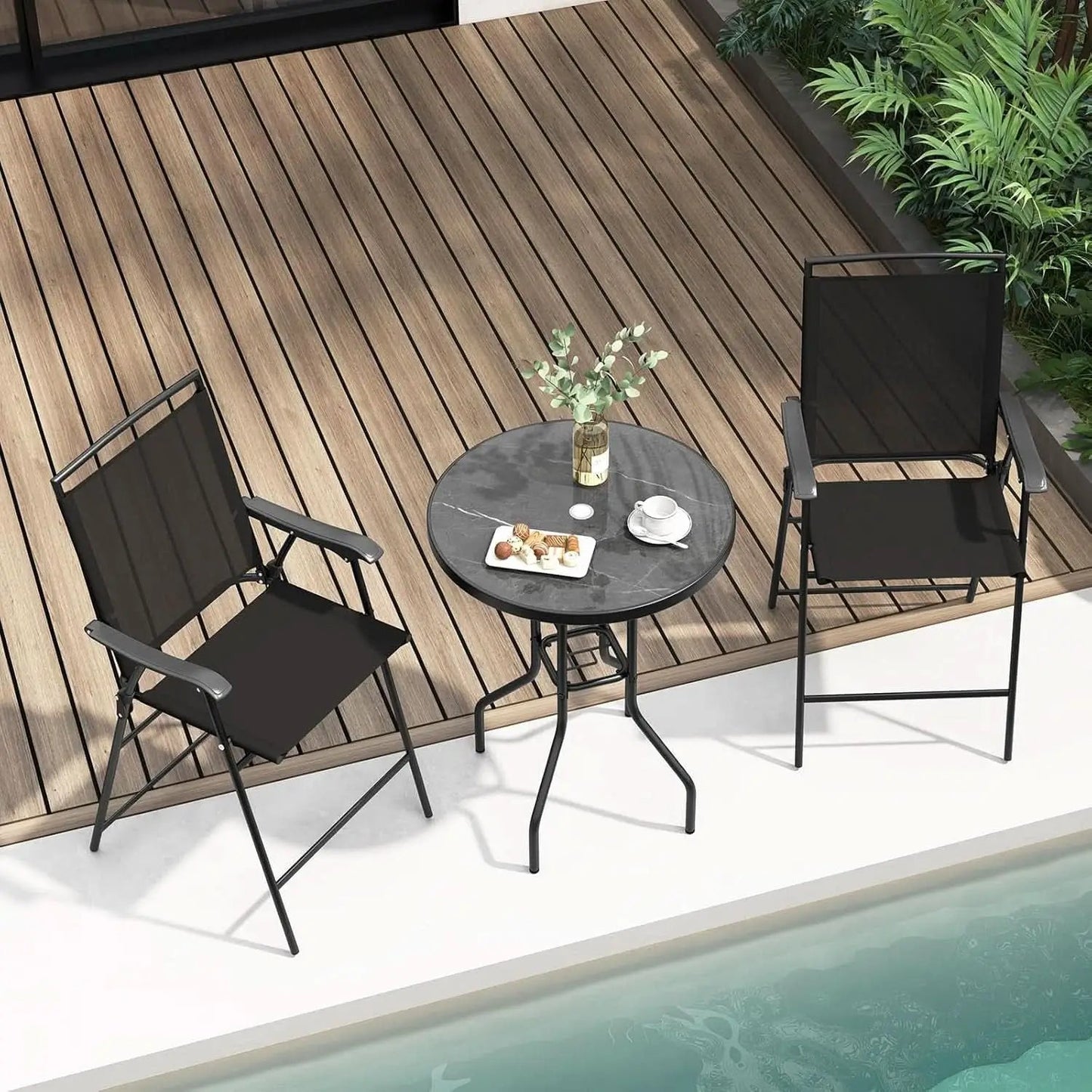 Patio Table And Chairs Set 3 Piece With DPC Tabletop And Folding Counter Height Chairs from PriceLows™