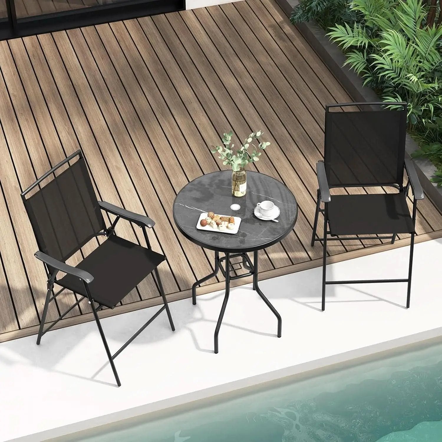 Patio Table And Chairs Set 3 Piece With DPC Tabletop And Folding Counter Height Chairs from PriceLows™