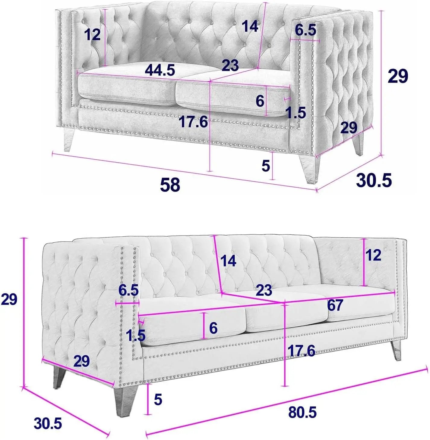 Velvet Beige 80-Inch Sofa Set With 58-Inch Loveseat And Gold Nail Heads from PriceLows™