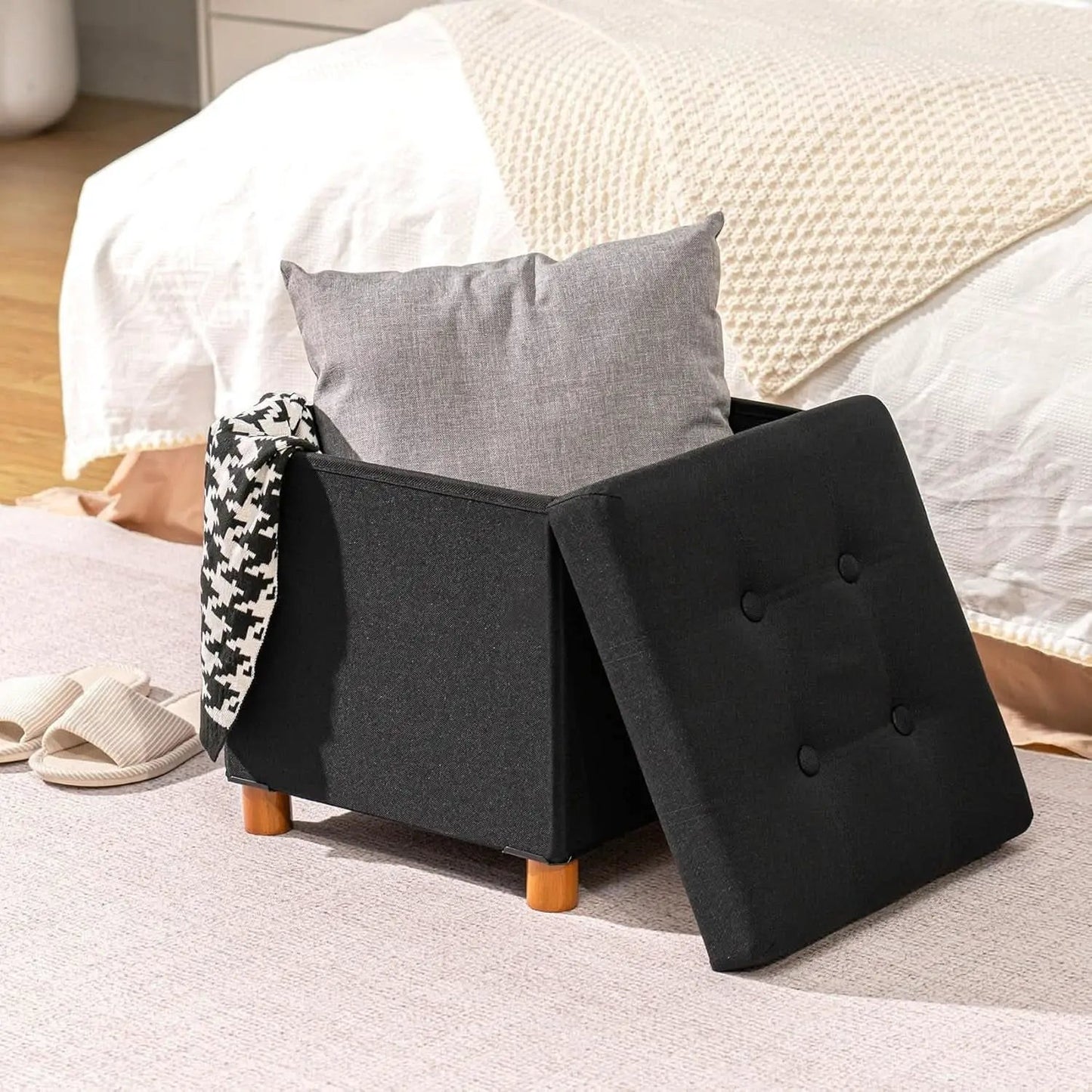 Black Linen Premium Storage Cube Ottoman Tray 15Inch from PriceLows™