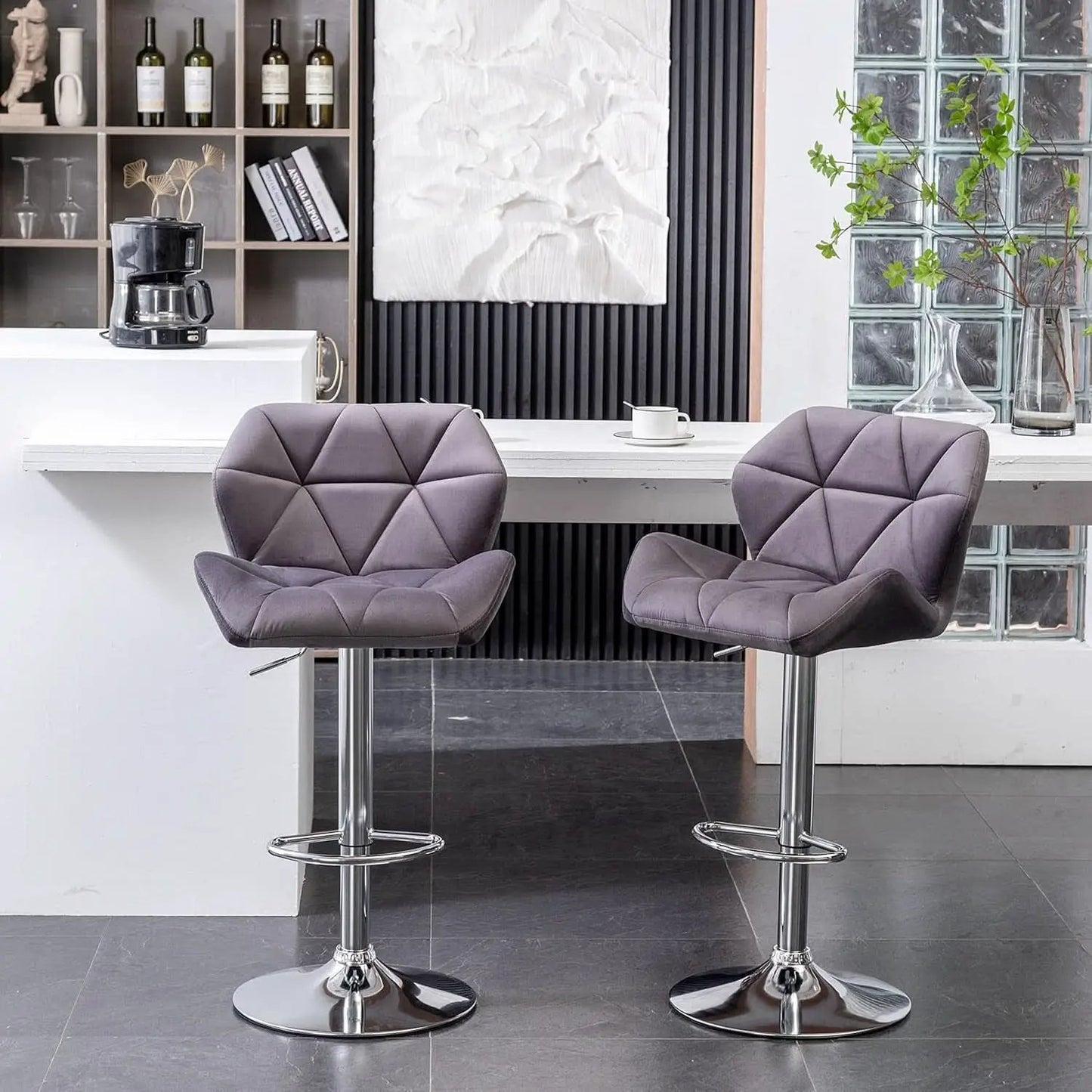 Breni Velvet Diamond Tufted Swivel Adjustable Height Bar Stool Set Of 2 Gray from PriceLows™
