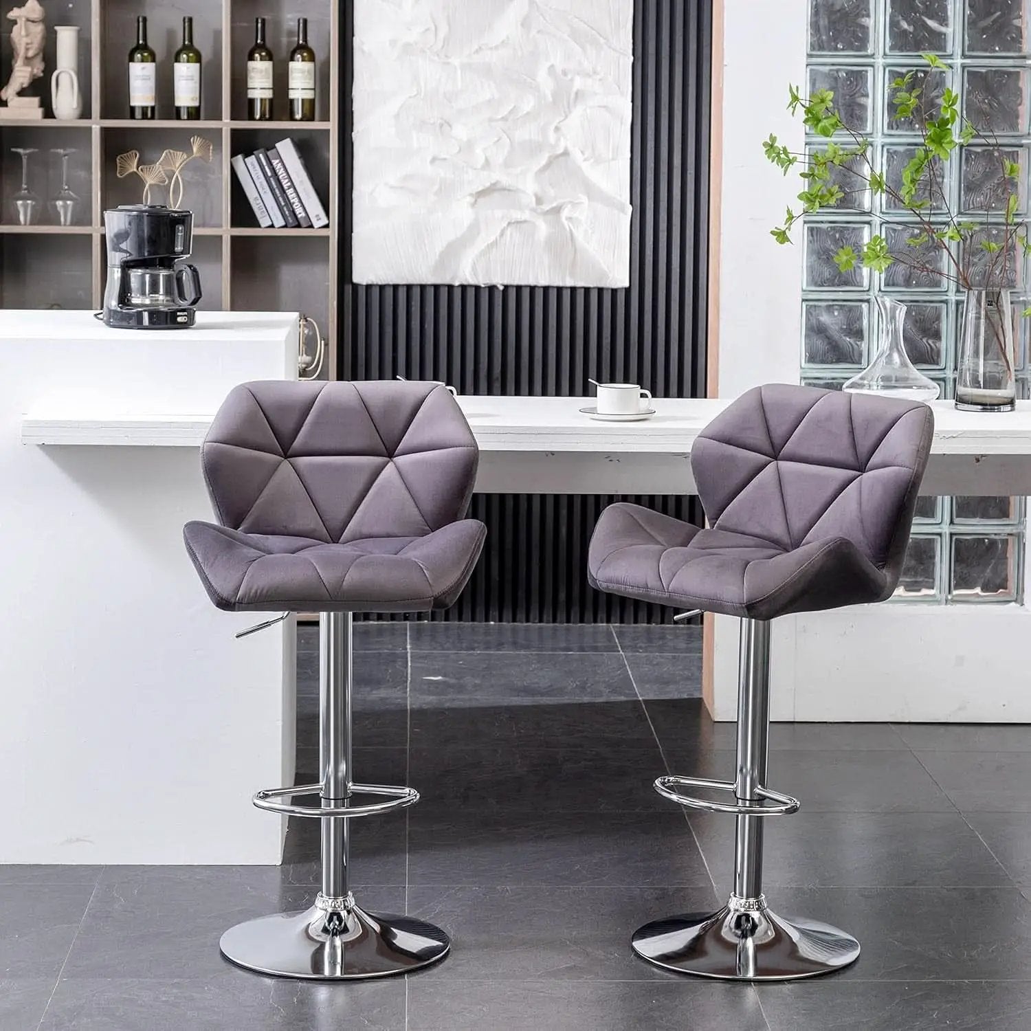 Breni Velvet Diamond Tufted Swivel Adjustable Height Bar Stool Set Of 2 Gray from PriceLows™