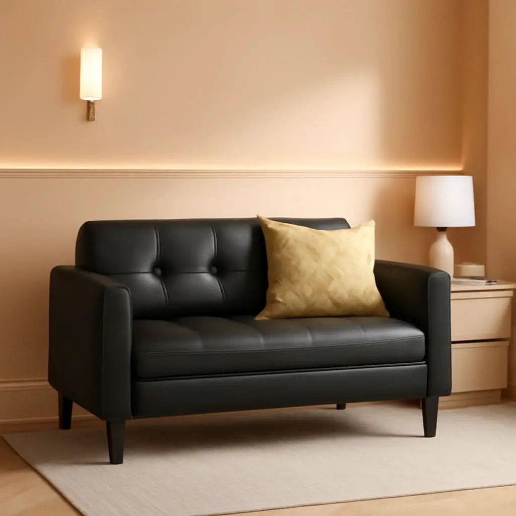 Two Seater Tufted Black Faux Leather Loveseat for Living Room from PriceLows™