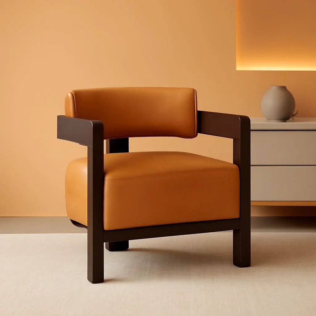 Brown Leather Barrel Chair Midcentury Upholstered WoodenLegs from PriceLows™
