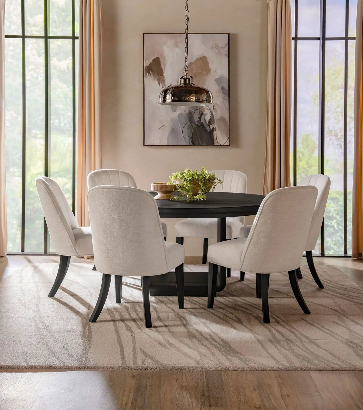 Leandro 7-piece Round Dining Table Set Burnished (Style 2) | 7-Piece Set | Fabric | Black