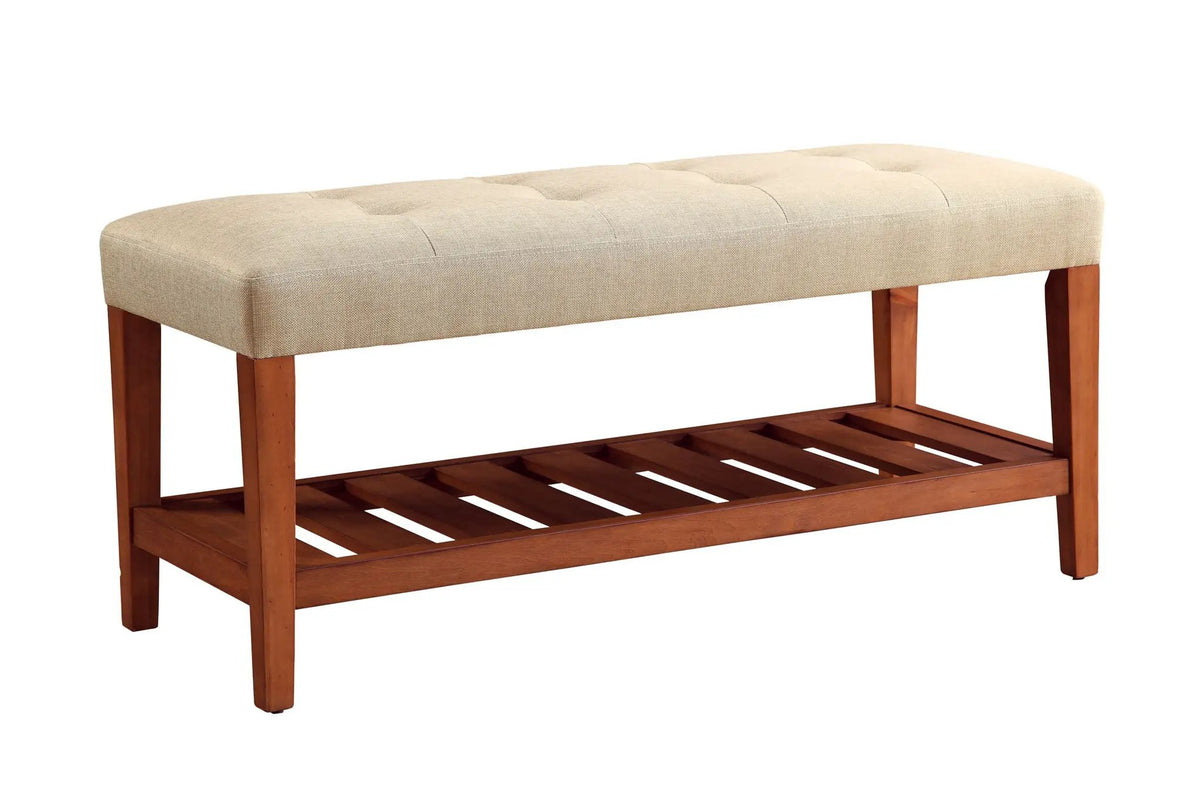 Charla Upholstered Bench | Tufted Fabric Seat | Oak Color Scheme | Armless Rectangular Design