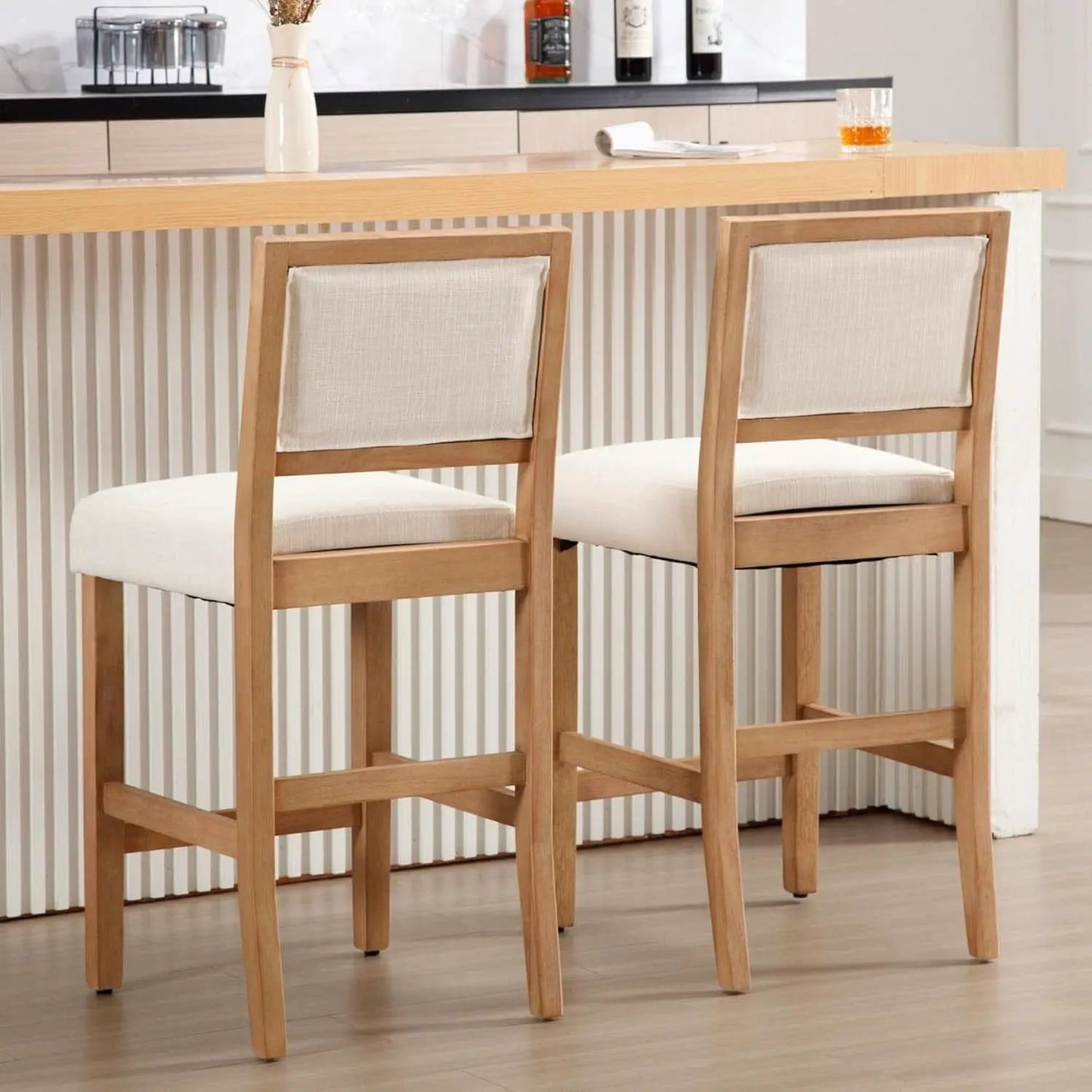 Beige Bar Stools Set Of 2 26 Inch Counter Height Backrest from PriceLows™