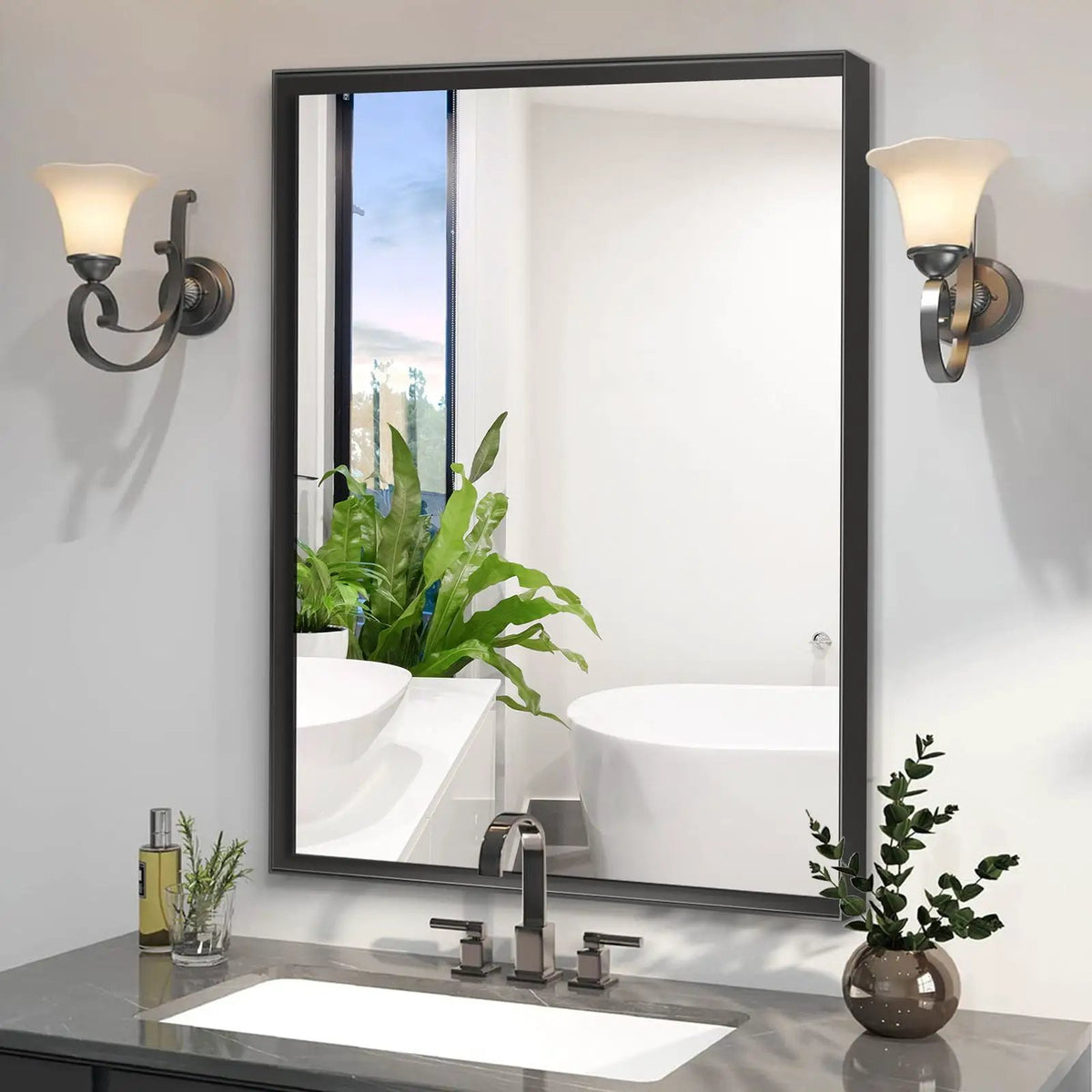 Rectangular Bathroom Mirror | Square Angle Metal Frame | Floating Glass Design | Beveled Edge