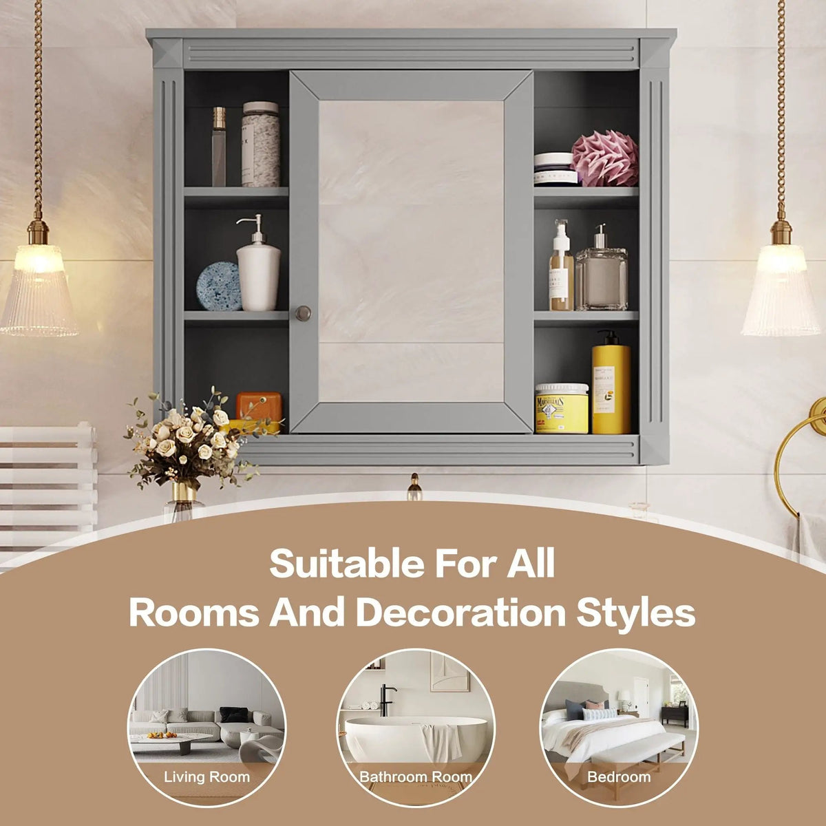 Bathroom Storage Cabinet With Mirror | 6 Open Shelves | Vintage Handle | Adjustable Interior