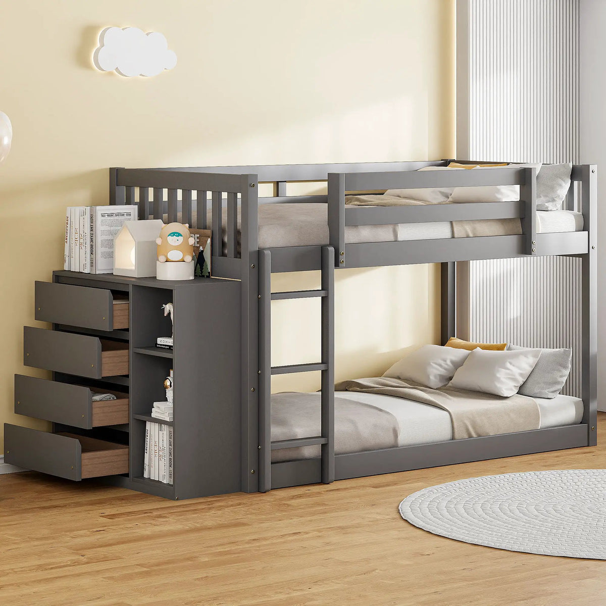 Bunk Bed | Solid Pine Frame | Four Drawers And Three Shelves | Full Size