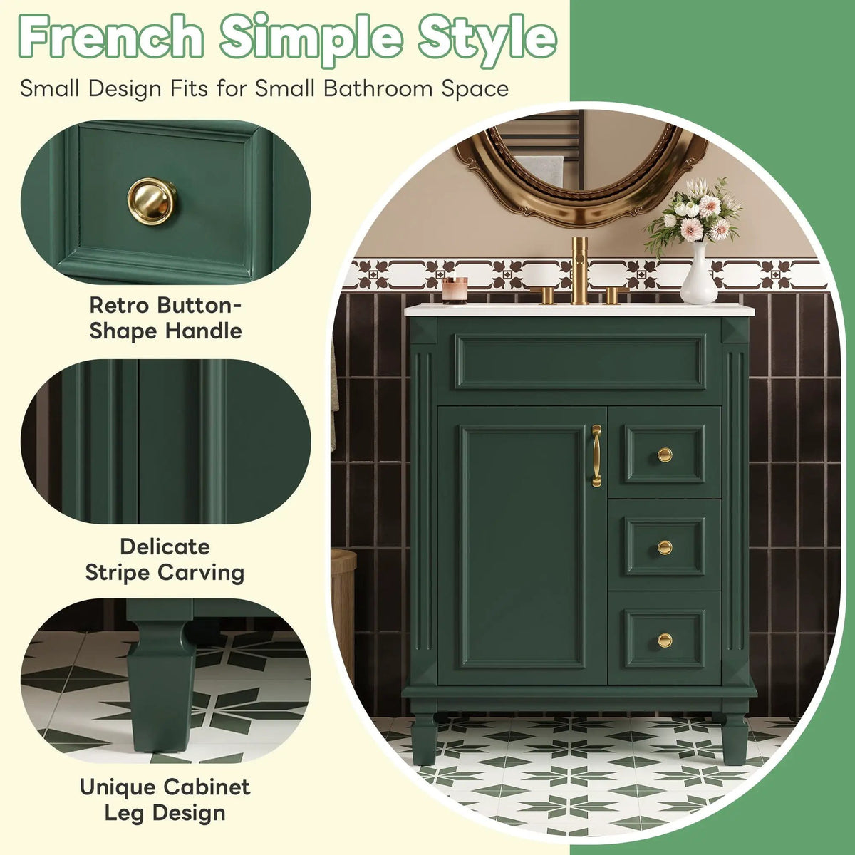 24 Inch Compact Bathroom Vanity | 2 Deep Drawers | Adjustable Shelf | Retro Button Handles