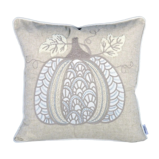 Lace Embroidered Pumpkin Throw Pillow | Natural Taupe And Ivory | Linen-Blend Fabric | 20 x 20 Inch