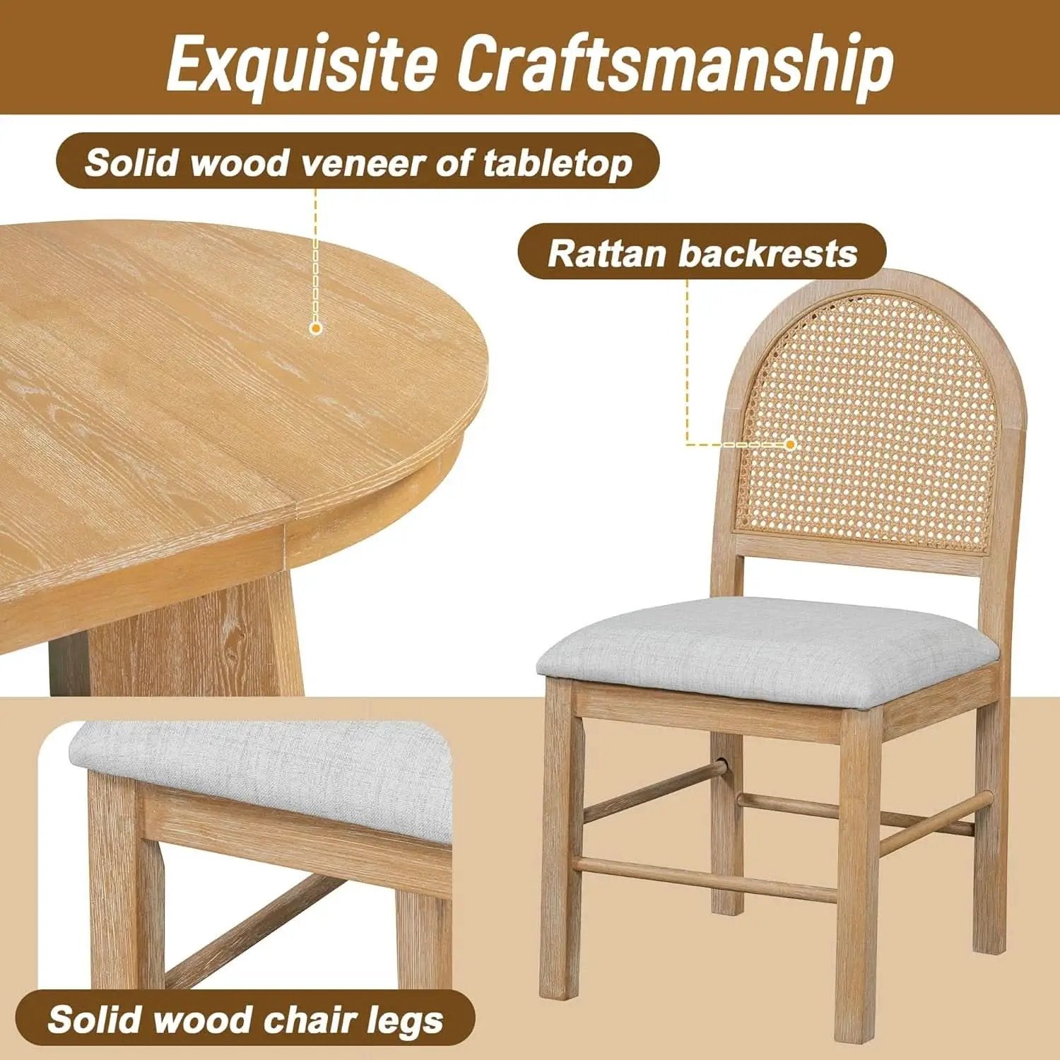 Retro Solid Wood Dining Set Natural Finish Extendable from PriceLows™