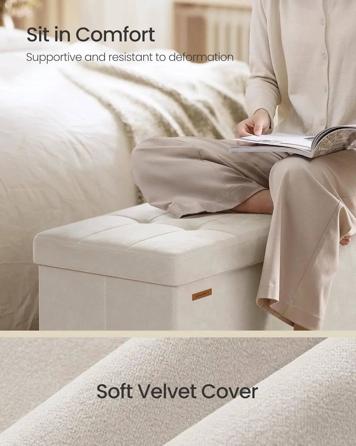 Cappuccino Beige Velvet Storage Ottoman Bench Folding from PriceLows™
