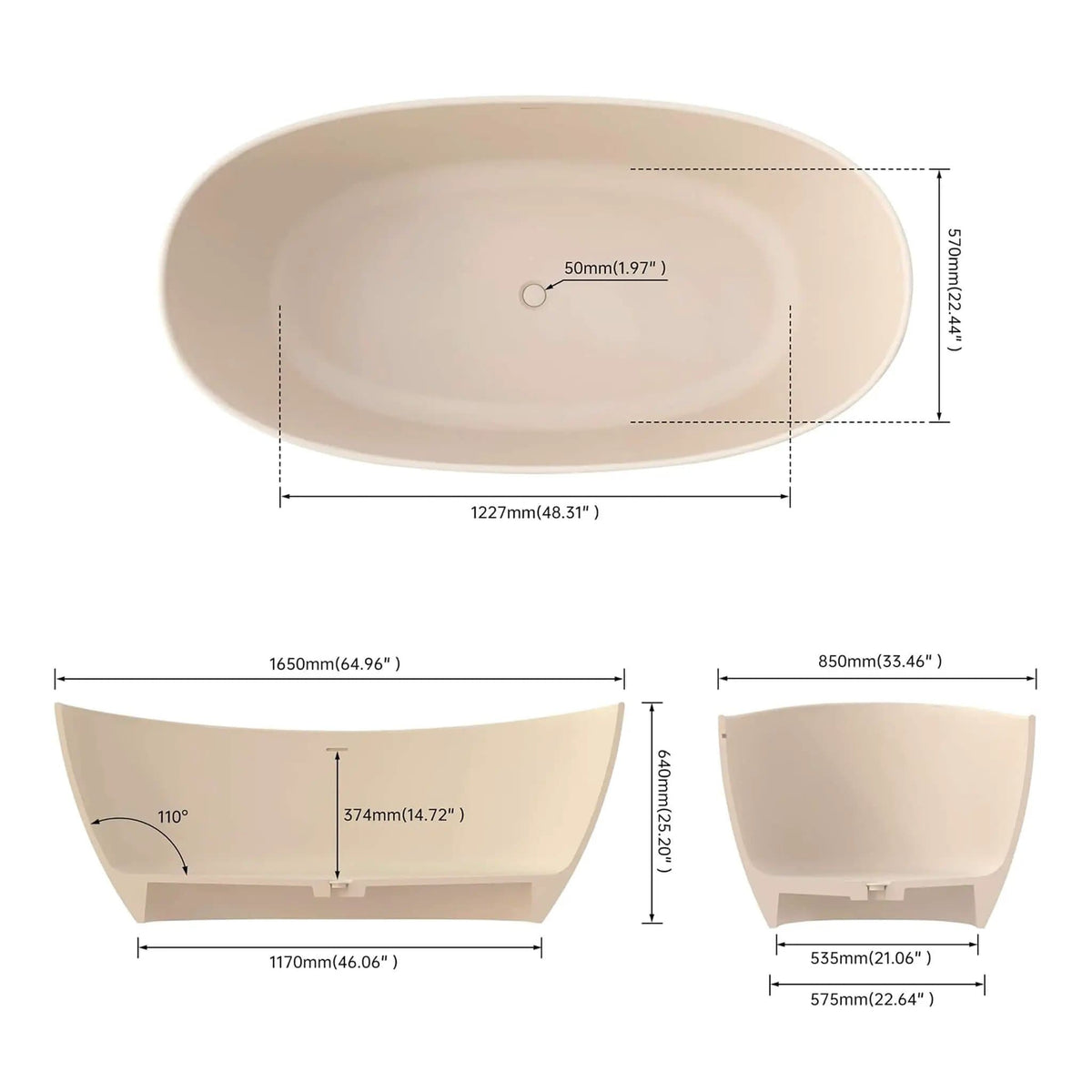 Freestanding Modern Oval Stone Resin Soaking Tub With Overflow Drain (Style 2) | Stone | Bathtub | Bathroom