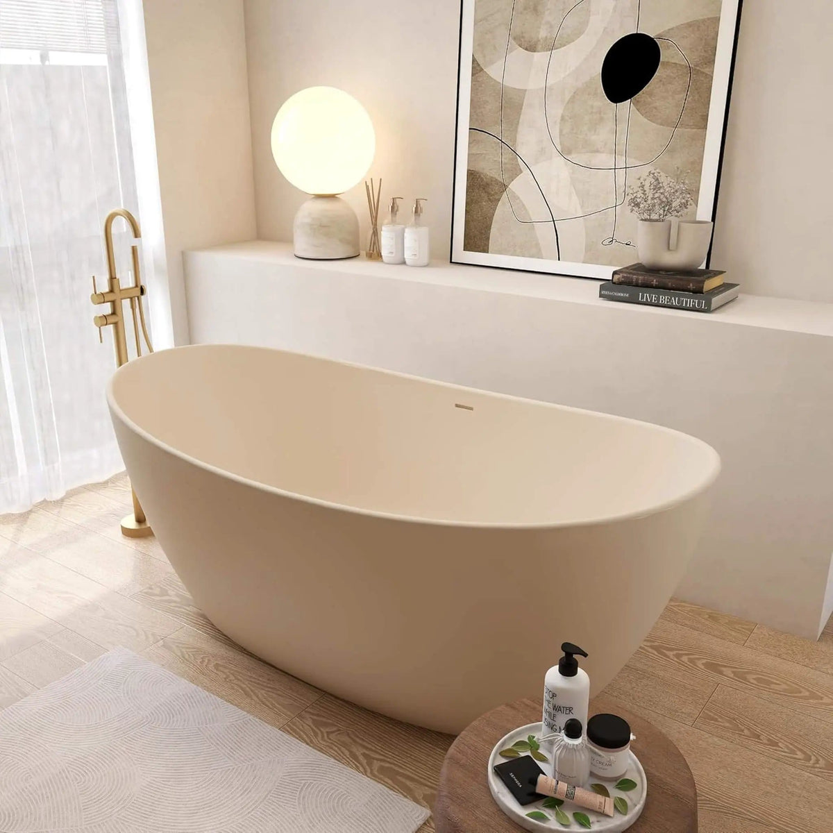 Freestanding Modern Oval Stone Resin Soaking Tub With Overflow Drain (Style 2) | Stone | Bathtub | Bathroom